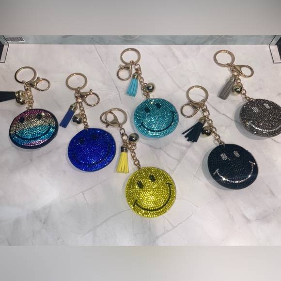 Accessories - Rhinestone puffed Smiley Face Keychain Bag Charm with Tassel